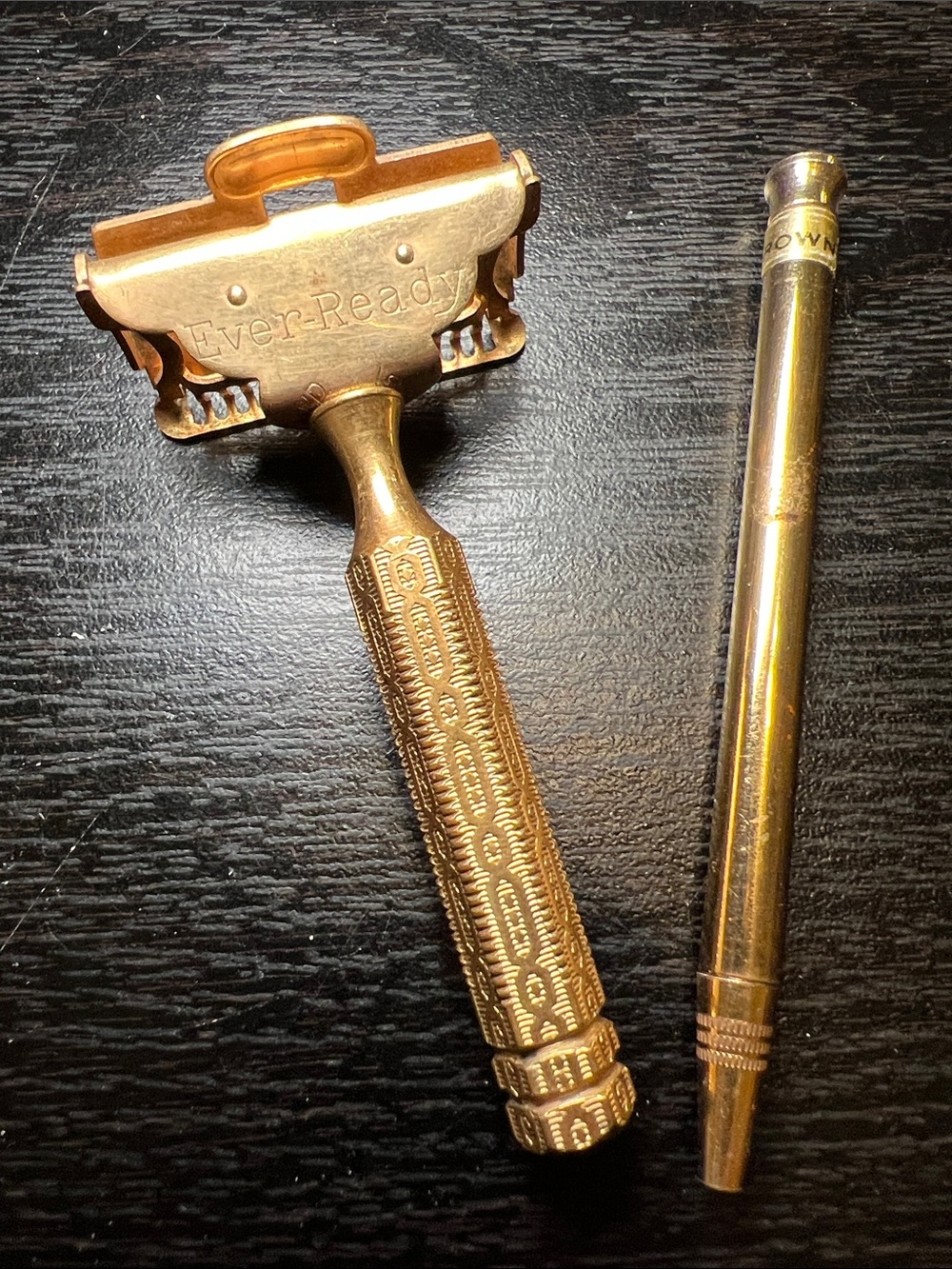 Antique Ornate Gold Plated Brass Ever Ready Razor and Liner Pencil Vanity Accent